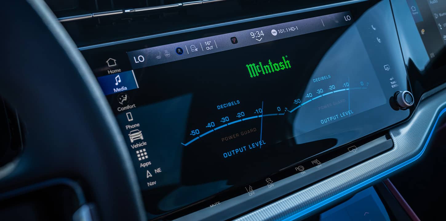 McIntosh audio controls on a 2025 Jeep Wagoneer S touchscreen.