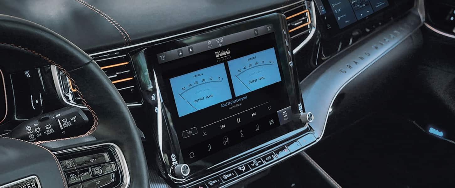 McIntosh audio interface on the dashboard of a 2026 Jeep Grand Wagoneer.