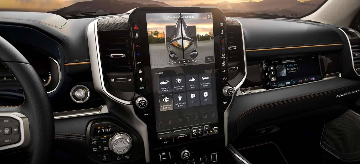 The Uconnect touchscreen in the 2027 Ram 1500 Tungsten, displaying the output of the Trailer Reverse Guidance System.