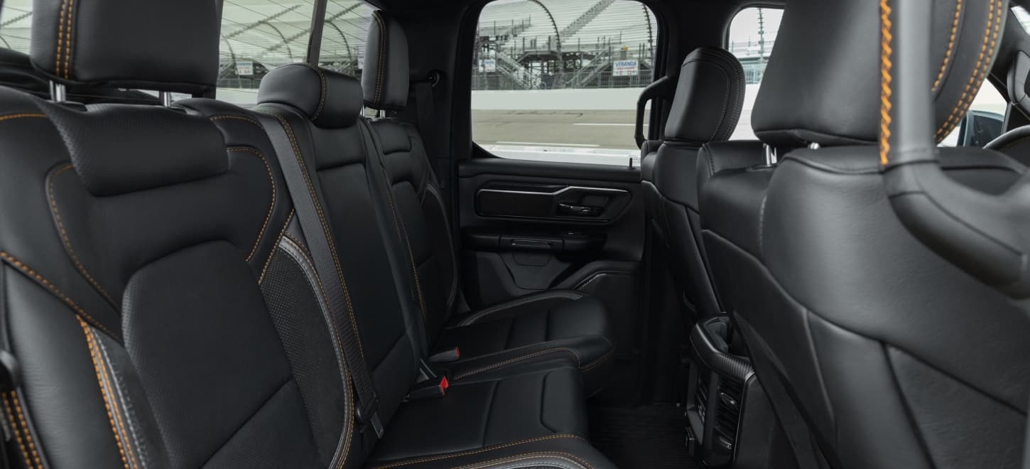 The rear seats on a 2027 Ram 1500 Rumble Bee 4x4 Quad Cab.