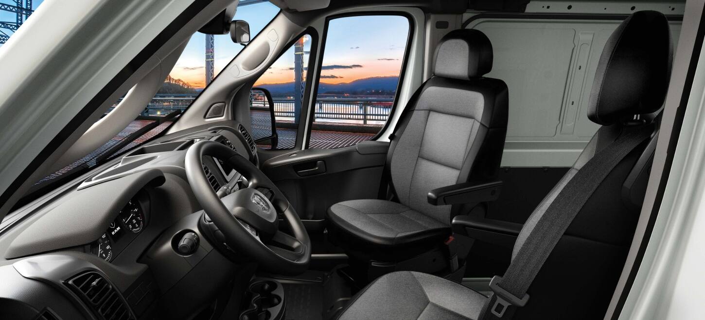 The front swivel bucket seats in the 2027 Ram ProMaster Cargo Van.